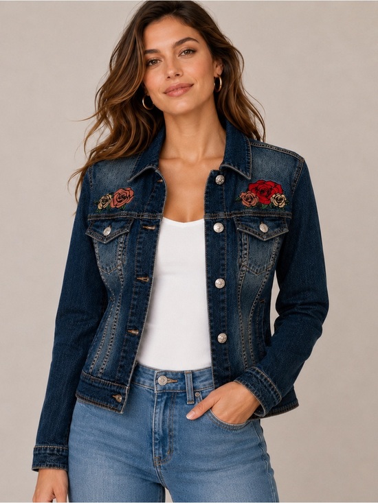 LuLaRoe Jackets & Blazers - LuLaRoe Harvey Floral Embroidered Rose Denim Jacket Dark Wash NWT Medium